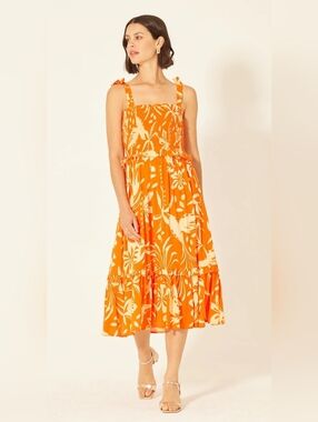 182. NWT - Patrons of Peace 'Lila' Orange & Cream Tropical Midi Dress